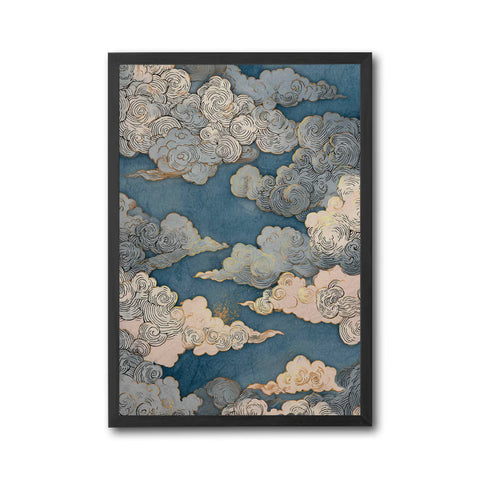 Japanese Cloud Art Décor Poster, Blue and Gold Sky Print, Traditional Woodblock Style, Elegant Japanese Decor, Zen Minimal Home Art