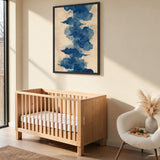 Japanese Cloud Traditional Wall Art – Abstract Blue Swirls on Beige