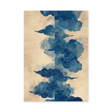 Japanese Cloud Traditional Wall Art – Abstract Blue Swirls on Beige