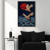 Japanese Cranes Traditional Wall Art – Red Sun Over Navy Waves