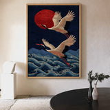 Japanese Cranes Traditional Wall Art – Red Sun Over Navy Waves
