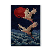 Japanese Cranes Traditional Wall Art – Red Sun Over Navy Waves