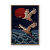 Japanese Cranes Traditional Wall Art – Red Sun Over Navy Waves