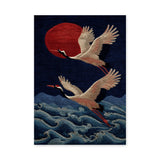 Japanese Cranes Traditional Wall Art – Red Sun Over Navy Waves