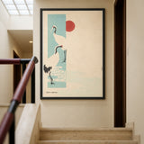 Japanese Cranes Vintage Wall Art – Red Sun on Cream Japandi Print