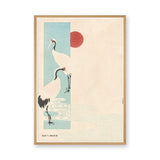 Japanese Cranes Vintage Wall Art – Red Sun on Cream Japandi Print