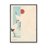 Japanese Cranes Vintage Wall Art – Red Sun on Cream Japandi Print