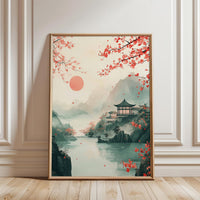 Japanese Landscape Wall Print, Cherry Blossom Temple Wall Poster, Tranquil Sunrise Lake Print for Peaceful Home Decor