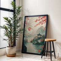 Japanese Landscape Wall Print, Cherry Blossom Temple Wall Poster, Tranquil Sunrise Lake Print for Peaceful Home Decor