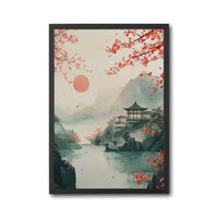 Japanese Landscape Wall Print, Cherry Blossom Temple Wall Poster, Tranquil Sunrise Lake Print for Peaceful Home Decor