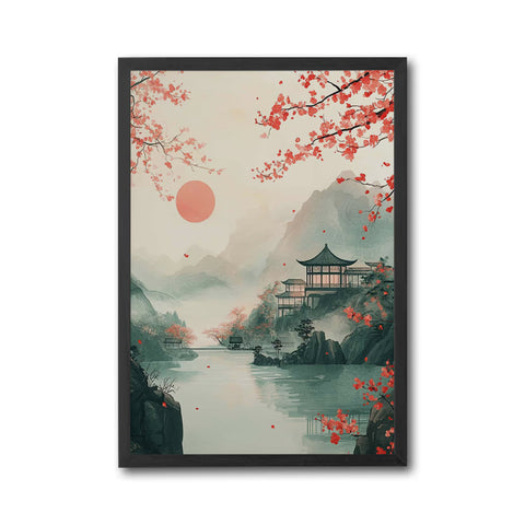 Japanese Landscape Wall Print, Cherry Blossom Temple Wall Poster, Tranquil Sunrise Lake Print for Peaceful Home Decor