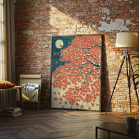 Japanese Maple Autumn Landscape Wall Décor Poster Red and Blue Moonlit Nature Illustration Print, Elegant Heritage Japanese Art Decor