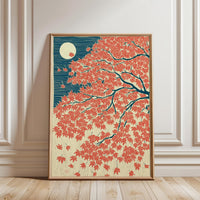 Japanese Maple Autumn Landscape Wall Décor Poster Red and Blue Moonlit Nature Illustration Print, Elegant Heritage Japanese Art Decor