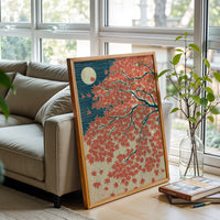 Japanese Maple Autumn Landscape Wall Décor Poster Red and Blue Moonlit Nature Illustration Print, Elegant Heritage Japanese Art Decor