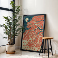 Japanese Maple Autumn Landscape Wall Décor Poster Red and Blue Moonlit Nature Illustration Print, Elegant Heritage Japanese Art Decor