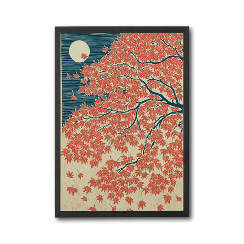 Japanese Maple Autumn Landscape Wall Décor Poster Red and Blue Moonlit Nature Illustration Print, Elegant Heritage Japanese Art Decor