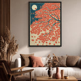 Japanese Maple Moon Vintage Botanical Wall Art – Red Leaves and Teal Sky