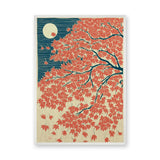 Japanese Maple Moon Vintage Botanical Wall Art – Red Leaves and Teal Sky