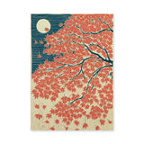 Japanese Maple Moon Vintage Botanical Wall Art – Red Leaves and Teal Sky