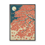 Japanese Maple Moon Vintage Botanical Wall Art – Red Leaves and Teal Sky