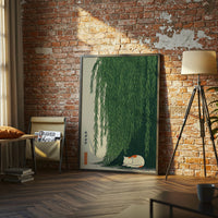Japanese Style Cat Under Willow Tree Print, Green Nature Wall Print, Calm Zen Artwork