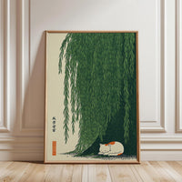 Japanese Style Cat Under Willow Tree Print, Green Nature Wall Print, Calm Zen Artwork