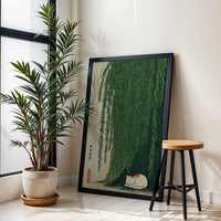 Japanese Style Cat Under Willow Tree Print, Green Nature Wall Print, Calm Zen Artwork