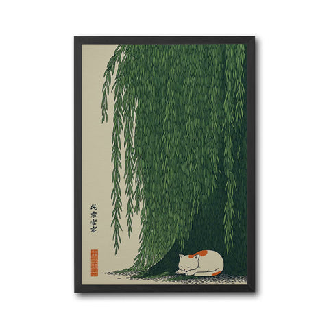Japanese Style Cat Under Willow Tree Print, Green Nature Wall Print, Calm Zen Artwork