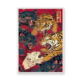 Japanese Tiger Panther Traditional Wall Art – Roaring Cats on Red