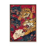 Japanese Tiger Panther Traditional Wall Art – Roaring Cats on Red