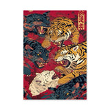 Japanese Tiger Panther Traditional Wall Art – Roaring Cats on Red