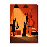 Jazz Cats Retro Wall Art – Black Cats Playing Music on Orange Stage