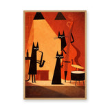 Jazz Cats Retro Wall Art – Black Cats Playing Music on Orange Stage