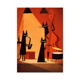 Jazz Cats Retro Wall Art – Black Cats Playing Music on Orange Stage