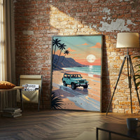 Jeep on Tropical Beach Aesthetic Print, Coastal Adventure Home Wall Décor