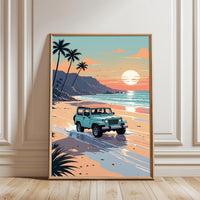 Jeep on Tropical Beach Aesthetic Print, Coastal Adventure Home Wall Décor
