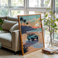 Jeep on Tropical Beach Aesthetic Print, Coastal Adventure Home Wall Décor