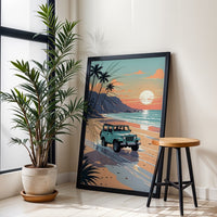 Jeep on Tropical Beach Aesthetic Print, Coastal Adventure Home Wall Décor