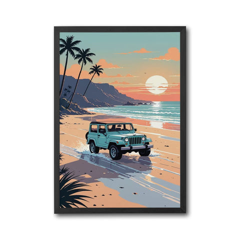 Jeep on Tropical Beach Aesthetic Print, Coastal Adventure Home Wall Décor