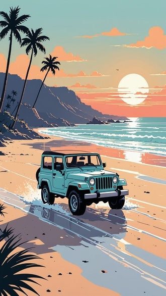 Jeep Wrangler Beach Sunset Retro Wall Art – Coastal Palm Drive