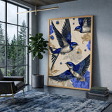 Jeweled Blue Swallows Maximalist Wall Art – Gold Floral Fashion Accent