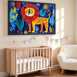 Jungle Lion Kids Wall Art – Colorful Leaves and Flowers for Playful Rooms