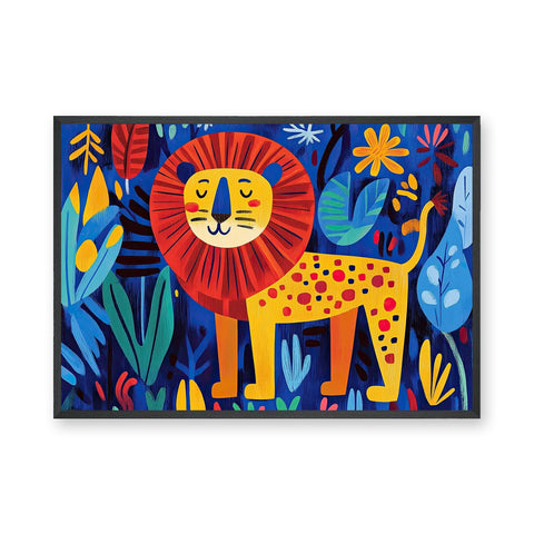 Jungle Lion Kids Wall Art – Colorful Leaves and Flowers for Playful Rooms