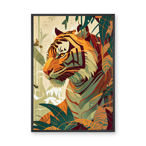 Jungle Tiger Modern Botanical Wall Art – Tropical Safari Portrait