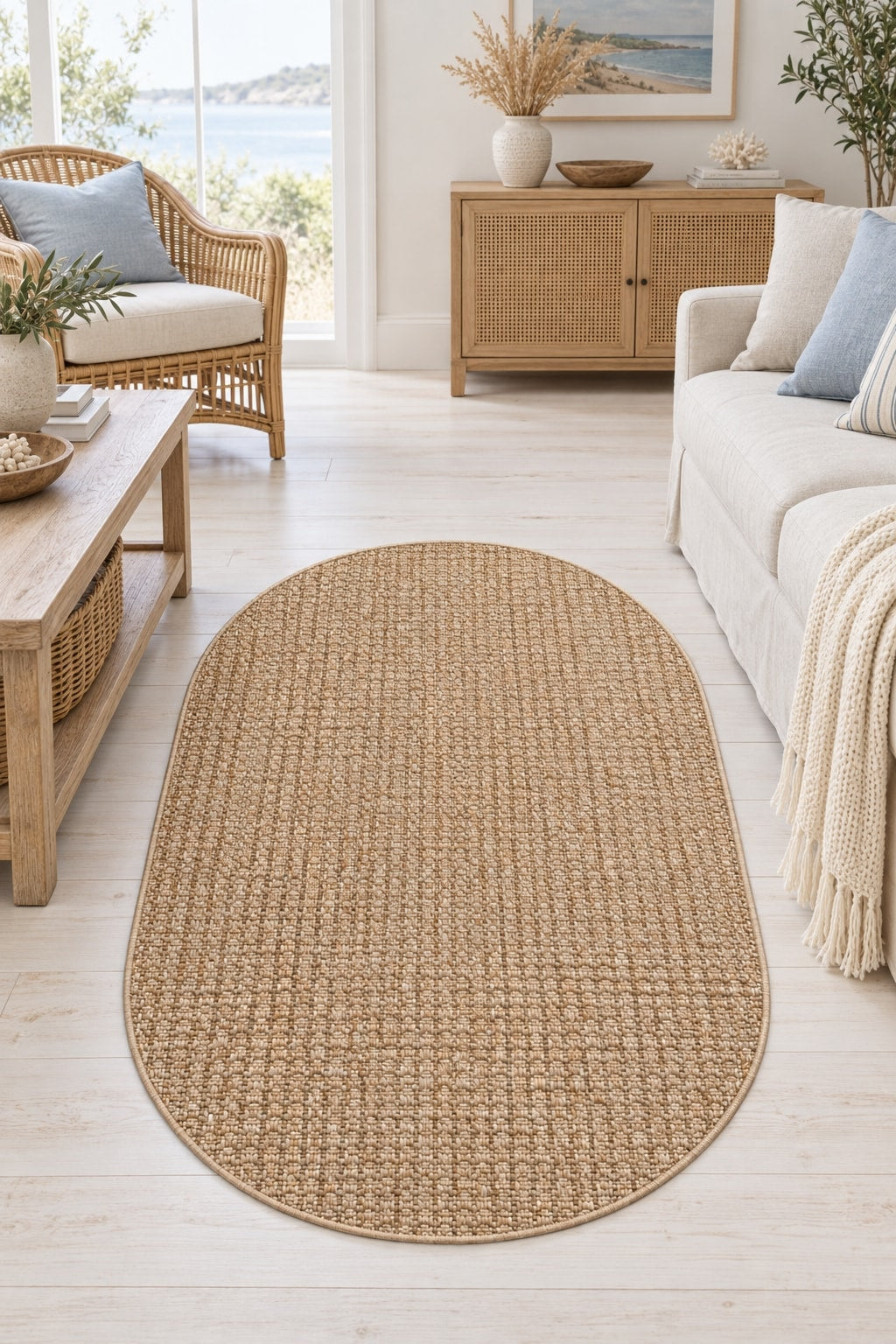 Jute Geometric Modern Area Rug – Beige in a living room