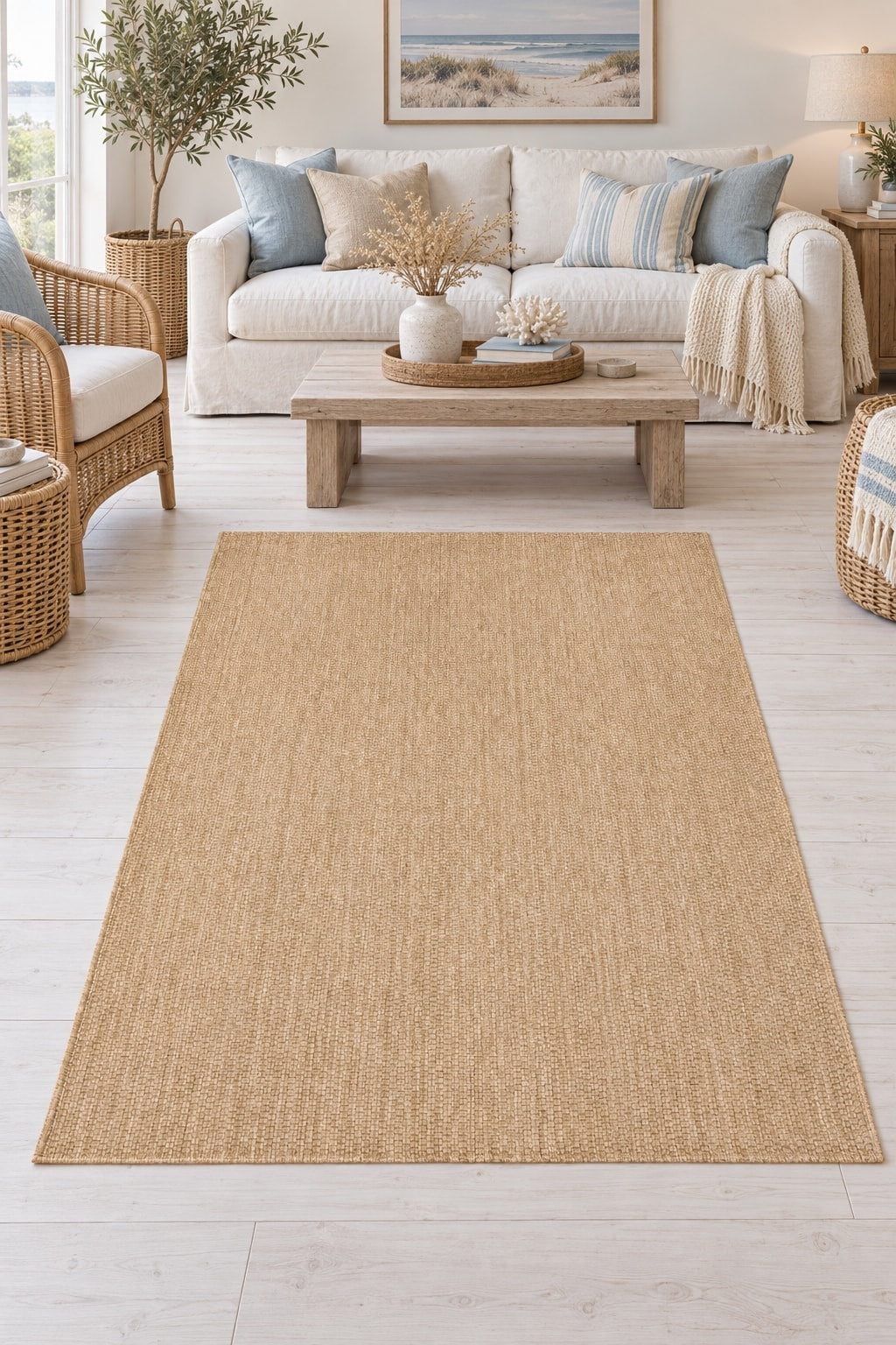 Jute Geometric Modern Area Rug – Brown in a living room