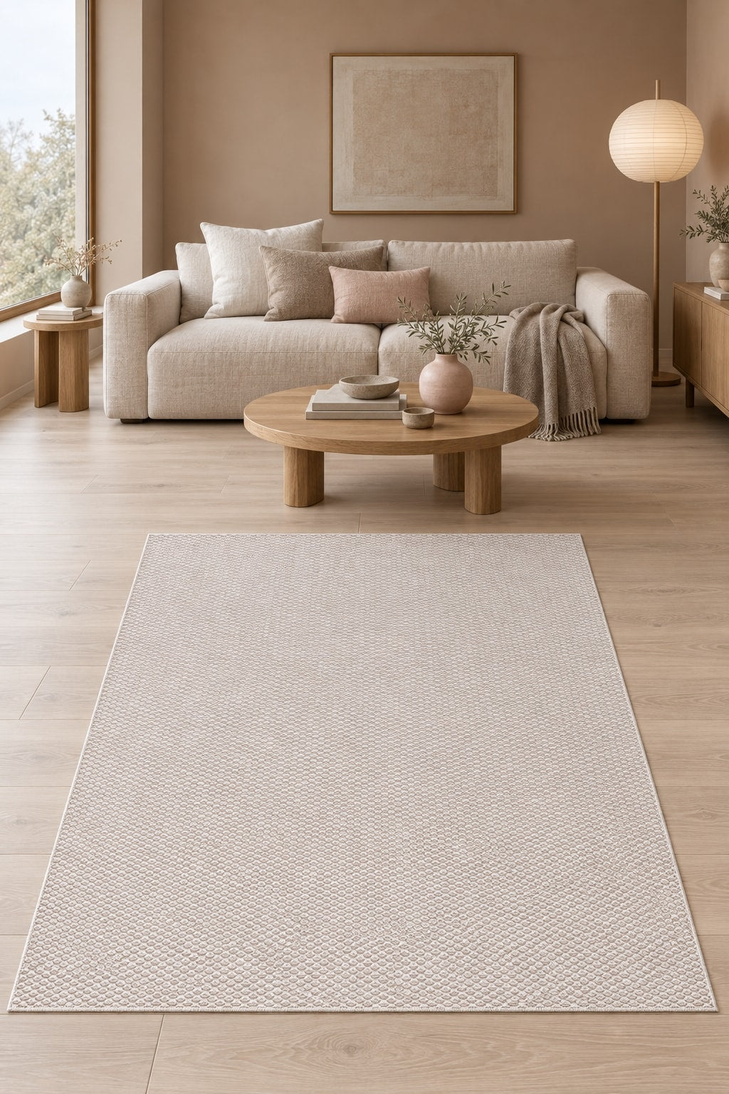 Jute Geometric Modern Area Rug – Ecru in a living room