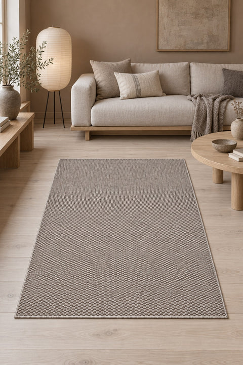 Jute Geometric Modern Area Rug – Taupe in a living room