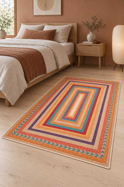 Jute Look Modern Area Rug – Multicolor in a bedroom
