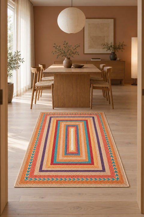 Jute Look Modern Area Rug – Multicolor in a dining room